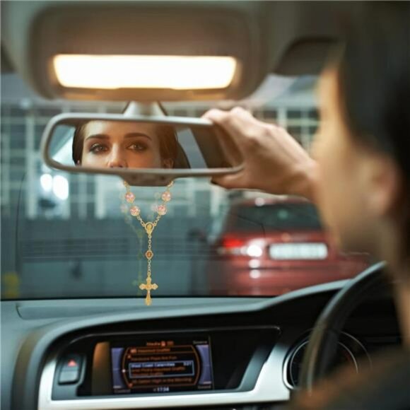 Catholic rosary beads car mirror cross pendant rearview hanging ornament set 4pc - Picture 4 of 8